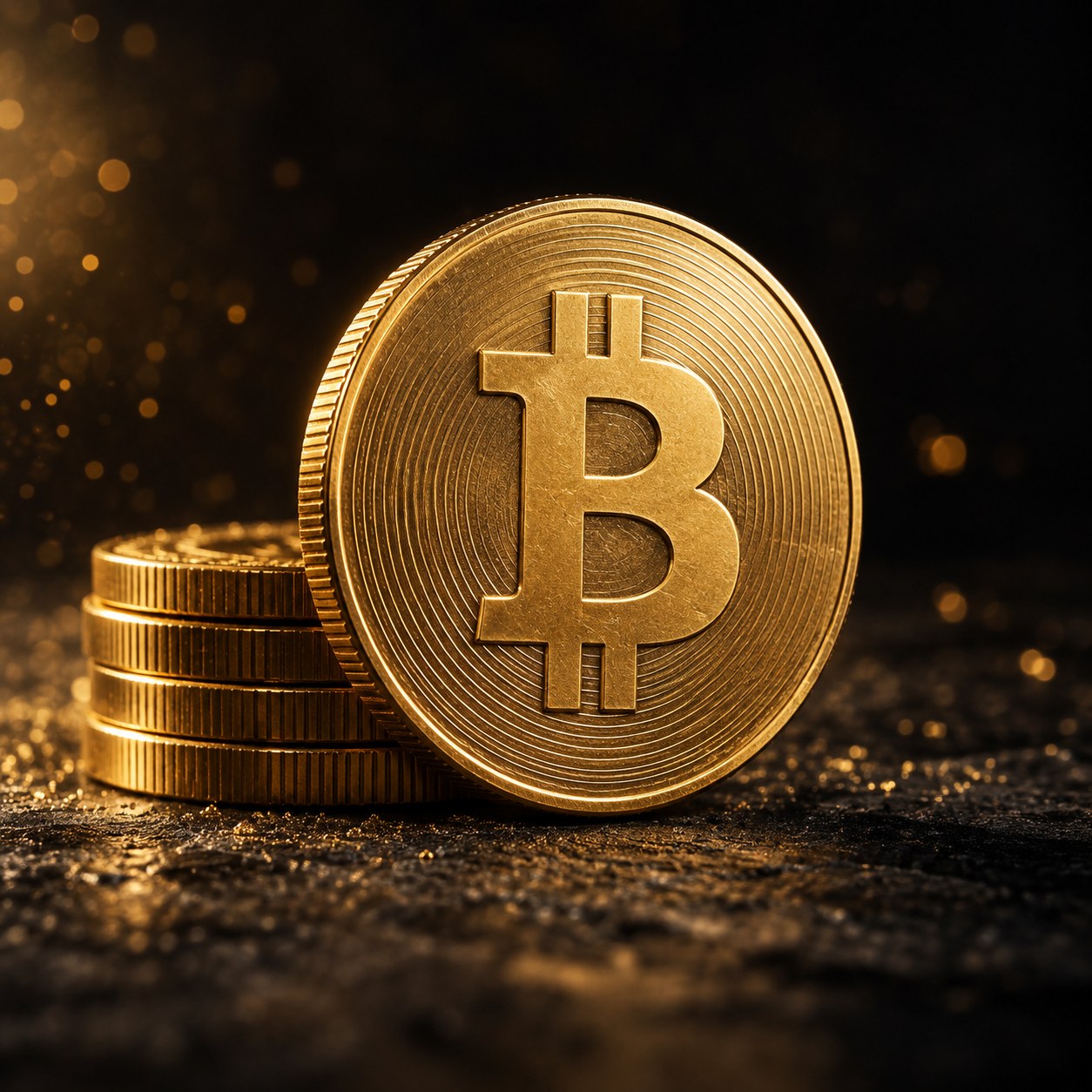 Gouden Bitcoin-munt met het Bitcoin-symbool op een donkere ondergrond